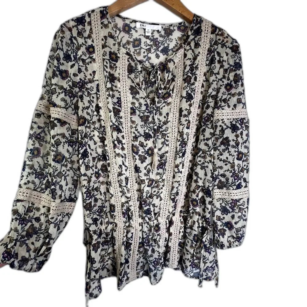 Dr2 Sheer Crochet Lace Strips Peplum Boho Blouse Size XS